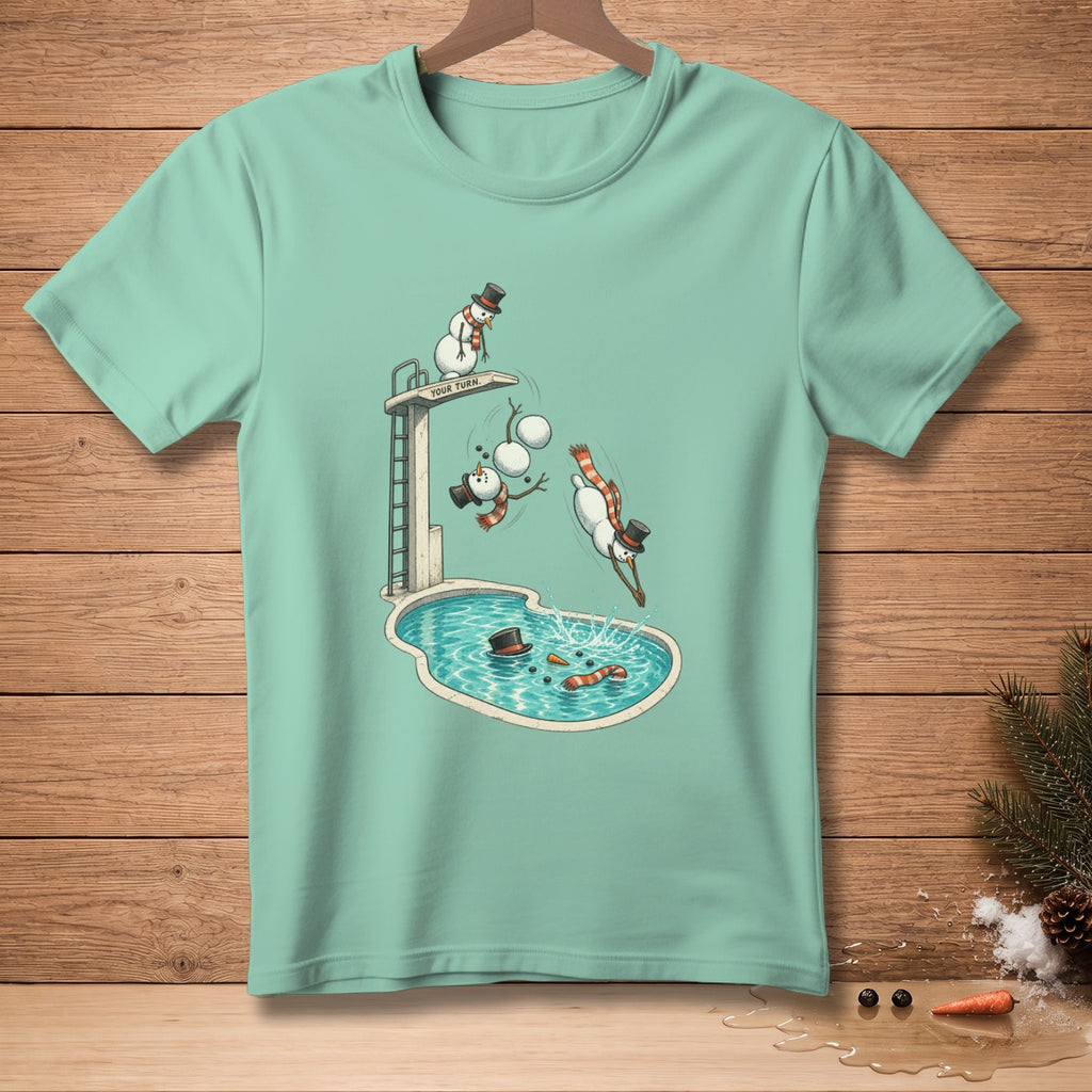 Snowmen in top hats dive into a pool with carrots and a lone hat.