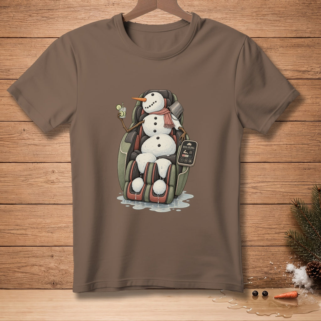 Snowman in massage chair with drink and "RELAXING" control panel.