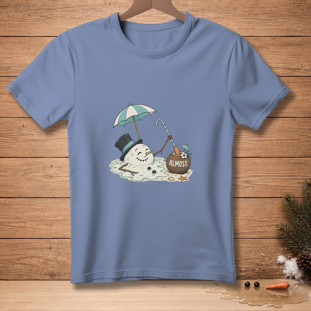 T-shirt with melting snowman under umbrella, holding a candy cane.