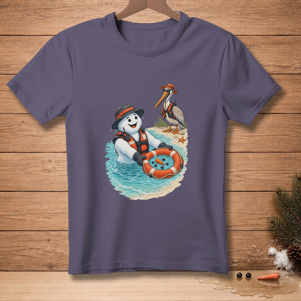 Snowman in life vest with life preserver in ocean, pelican on beach.