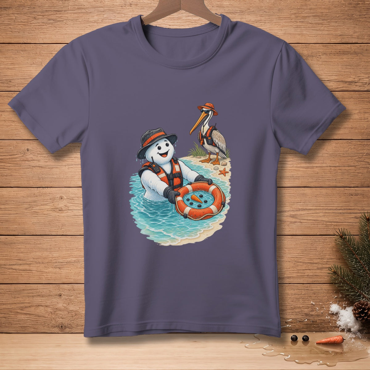 Snowman in life vest with life preserver in ocean, pelican on beach.