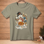 Melting snowman eating paella from bowl, wearing top hat and scarf.