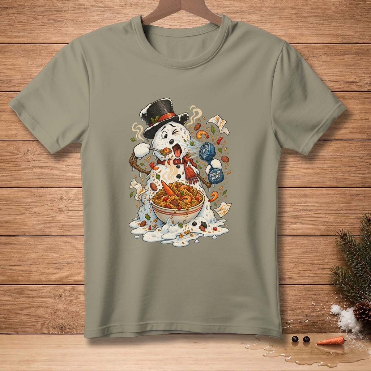 Melting snowman eating paella from bowl, wearing top hat and scarf.