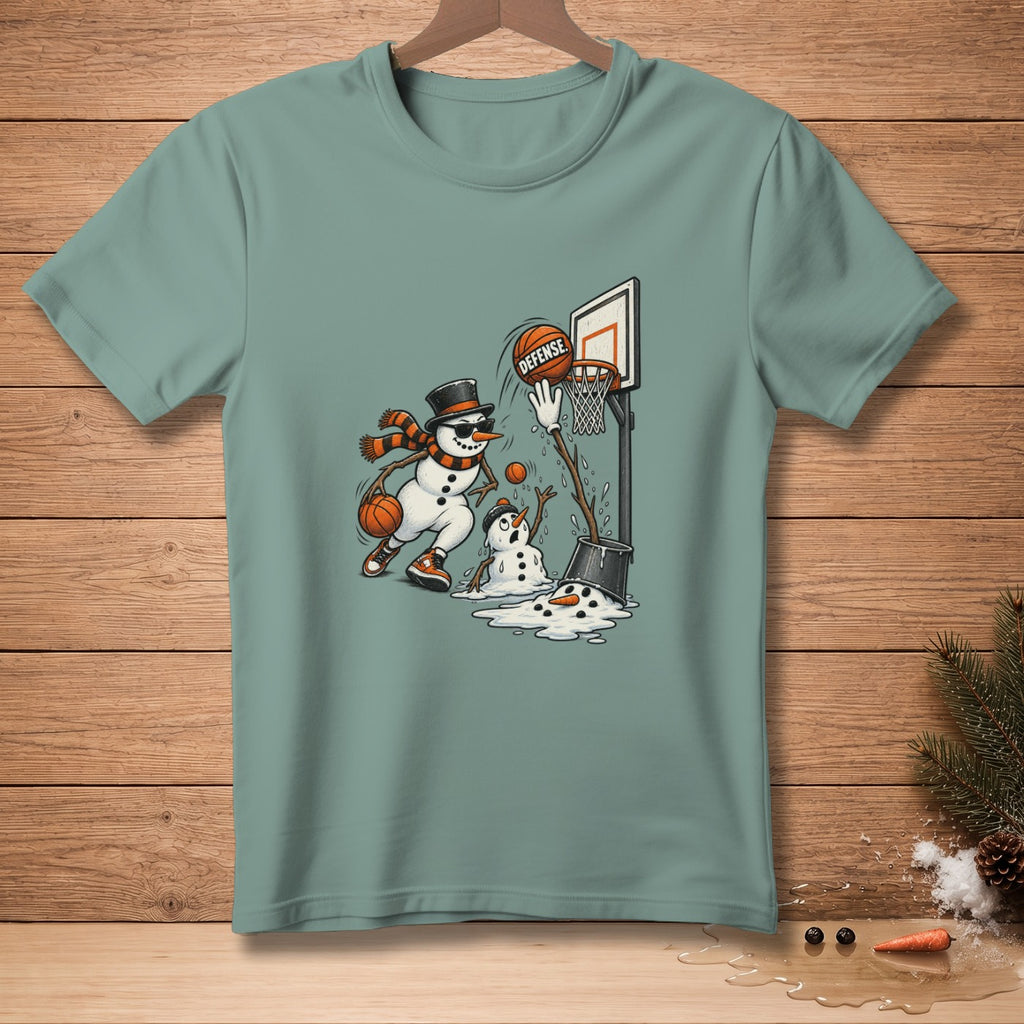 Snowman playing basketball, one melting, with "DEFENSE" text.