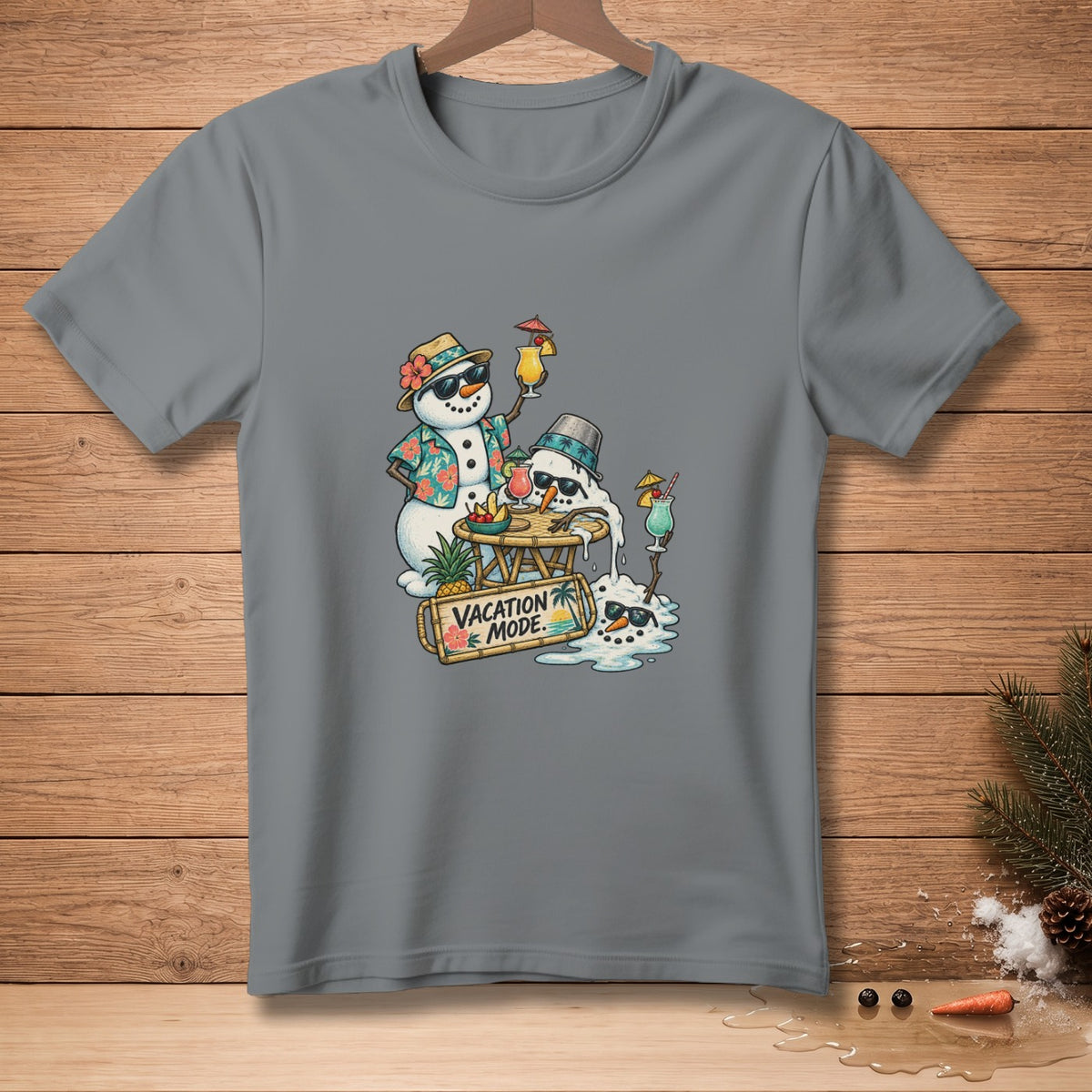Melting snowmen in Hawaiian shirts with drinks and a "Vacation Mode" sign.