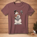 Melting snowman in a top hat and scarf holding toilet paper that says "Good as New."