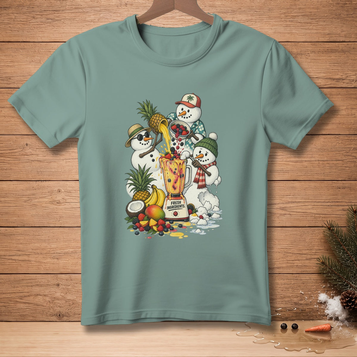 Snowmen make a smoothie with fresh fruit and a blender.