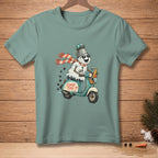 Snowman with bucket helmet riding a scooter with "Island Time" text.