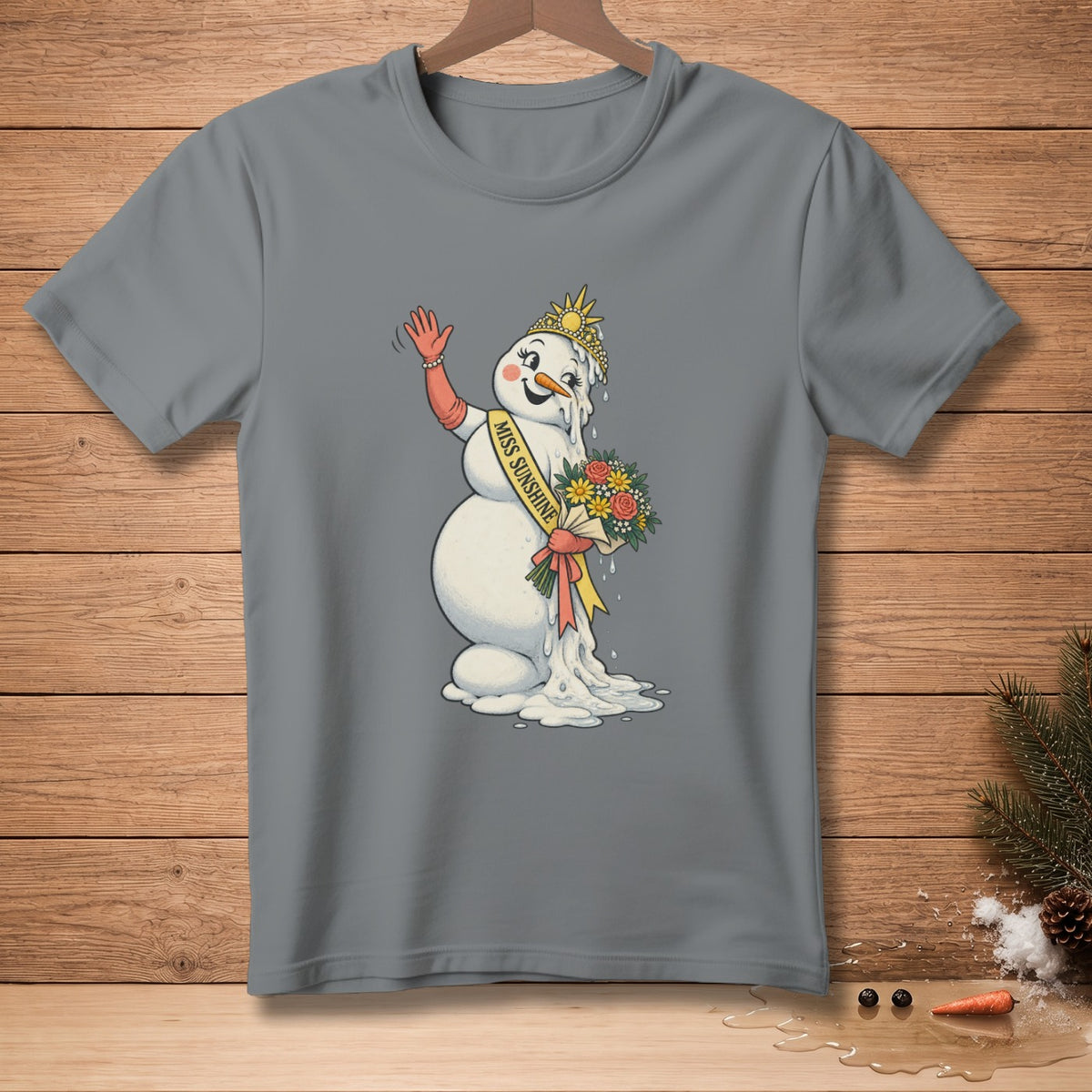 Melting snowman wearing crown and sash saying "Miss Sunshine" holding flowers.