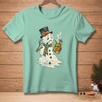 Melting snowman wearing a top hat and scarf holding a hot toddy drink.