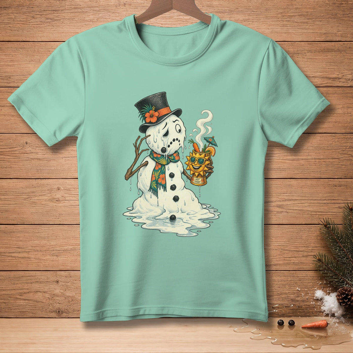 Melting snowman wearing a top hat and scarf holding a hot toddy drink.