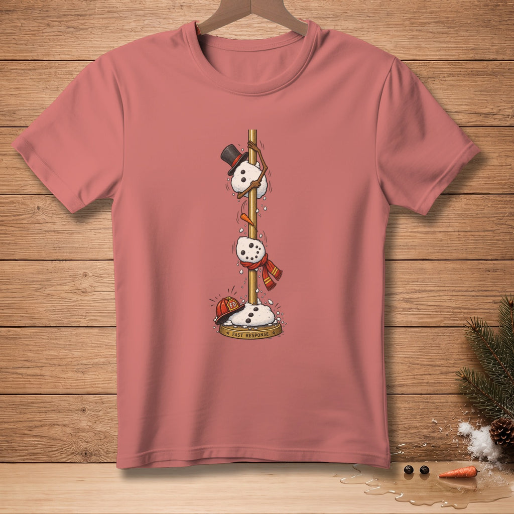 T-shirt graphic of snowmen climbing a pole with "FAST RESPONSE" text.