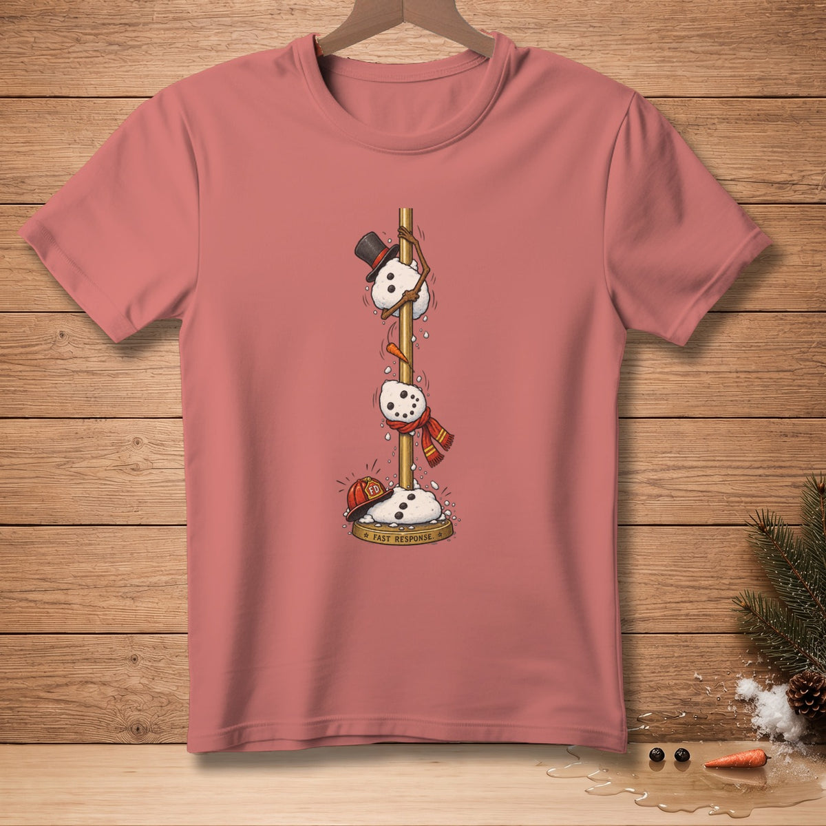 T-shirt graphic of snowmen climbing a pole with "FAST RESPONSE" text.