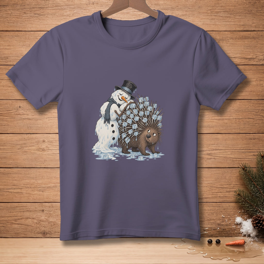 Snowman with top hat hugs porcupine covered in ice cubes on t-shirt.