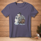 Snowman with top hat hugs porcupine covered in ice cubes on t-shirt.
