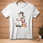Snowman wearing a hat and scarf eating a donut next to a "No Mess Bakery" bag.