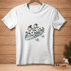 Two snowmen rowing a boat with "PULL!" text on a white t-shirt.