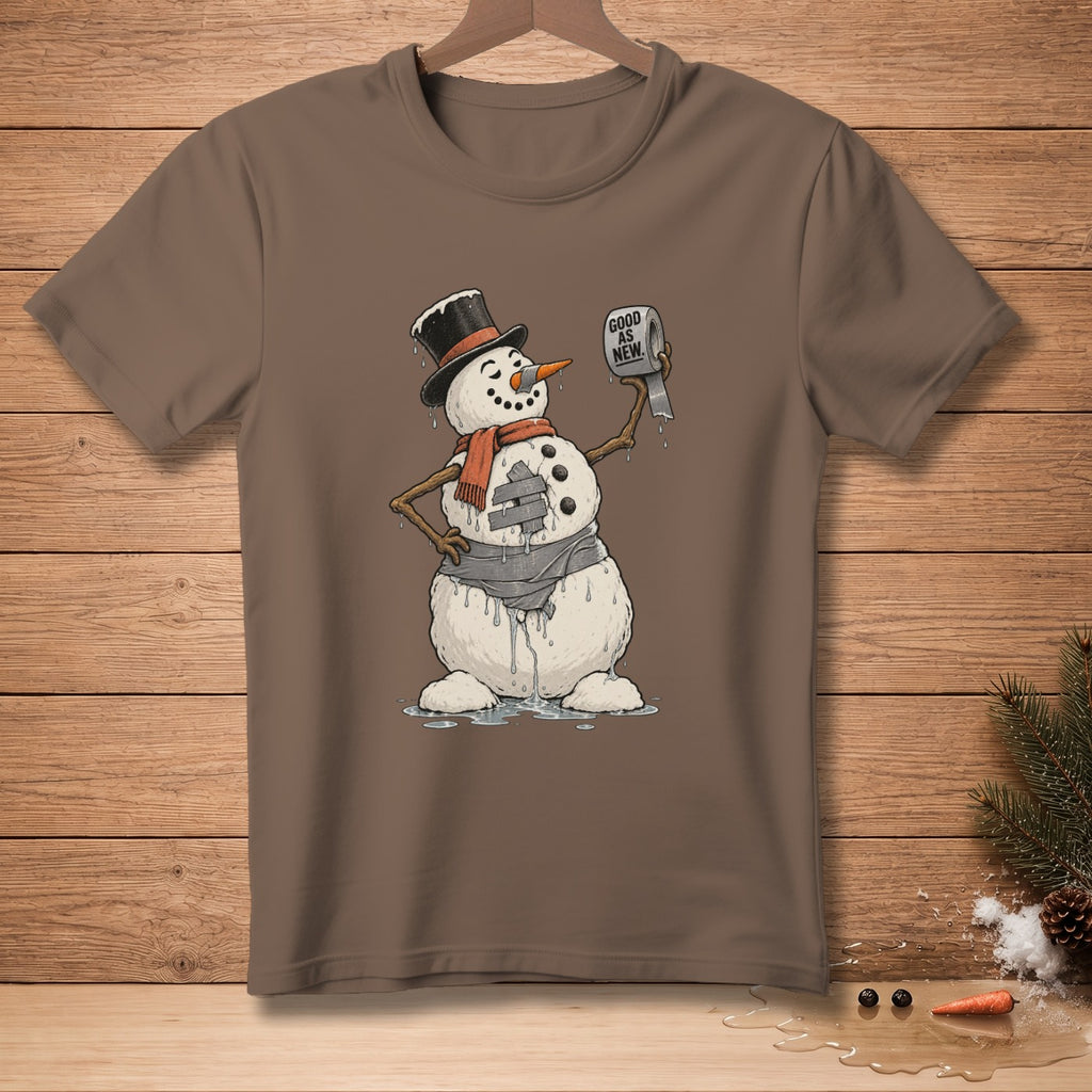 Brown t-shirt with melting snowman holding toilet paper that says "Good as New."