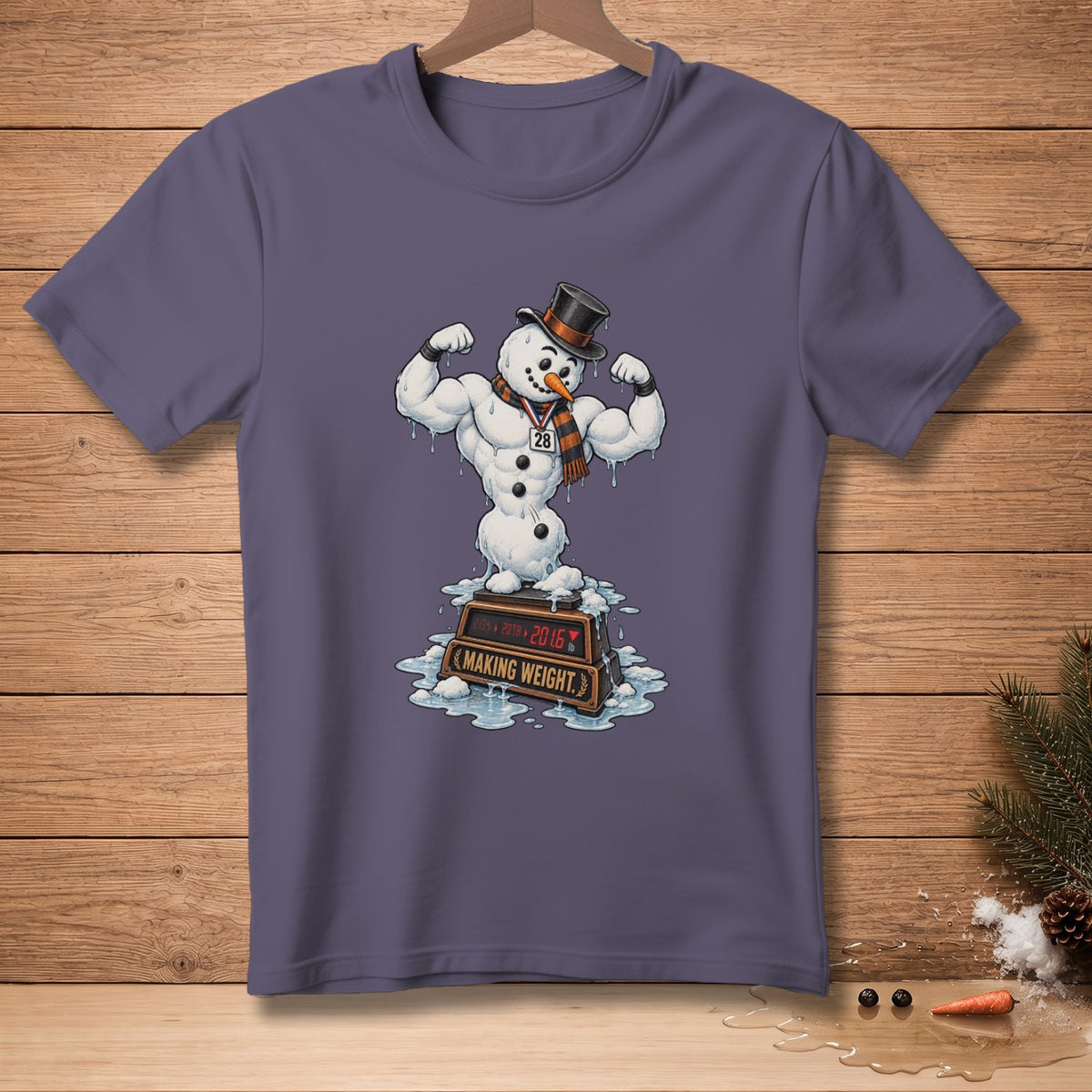 Muscle snowman wearing a top hat, scarf, and medal, standing on a scale.