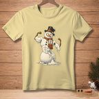 Melting snowman flexing with "42 Peak Condition" tag on scarf.