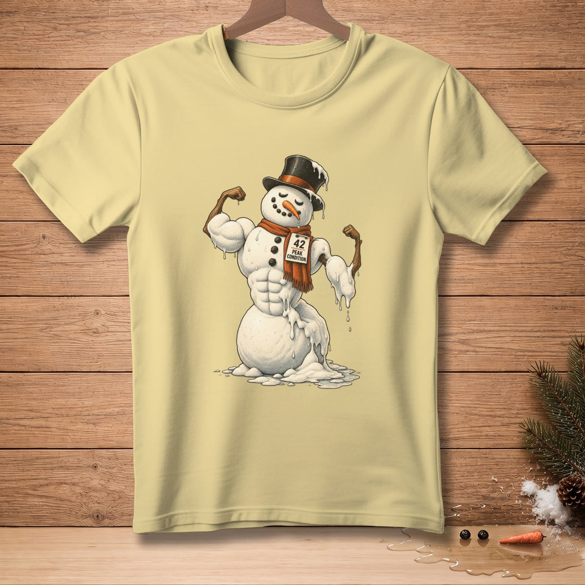 Melting snowman flexing with "42 Peak Condition" tag on scarf.