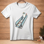 Snowman with sunglasses and hat on escalator with suitcase and drink.