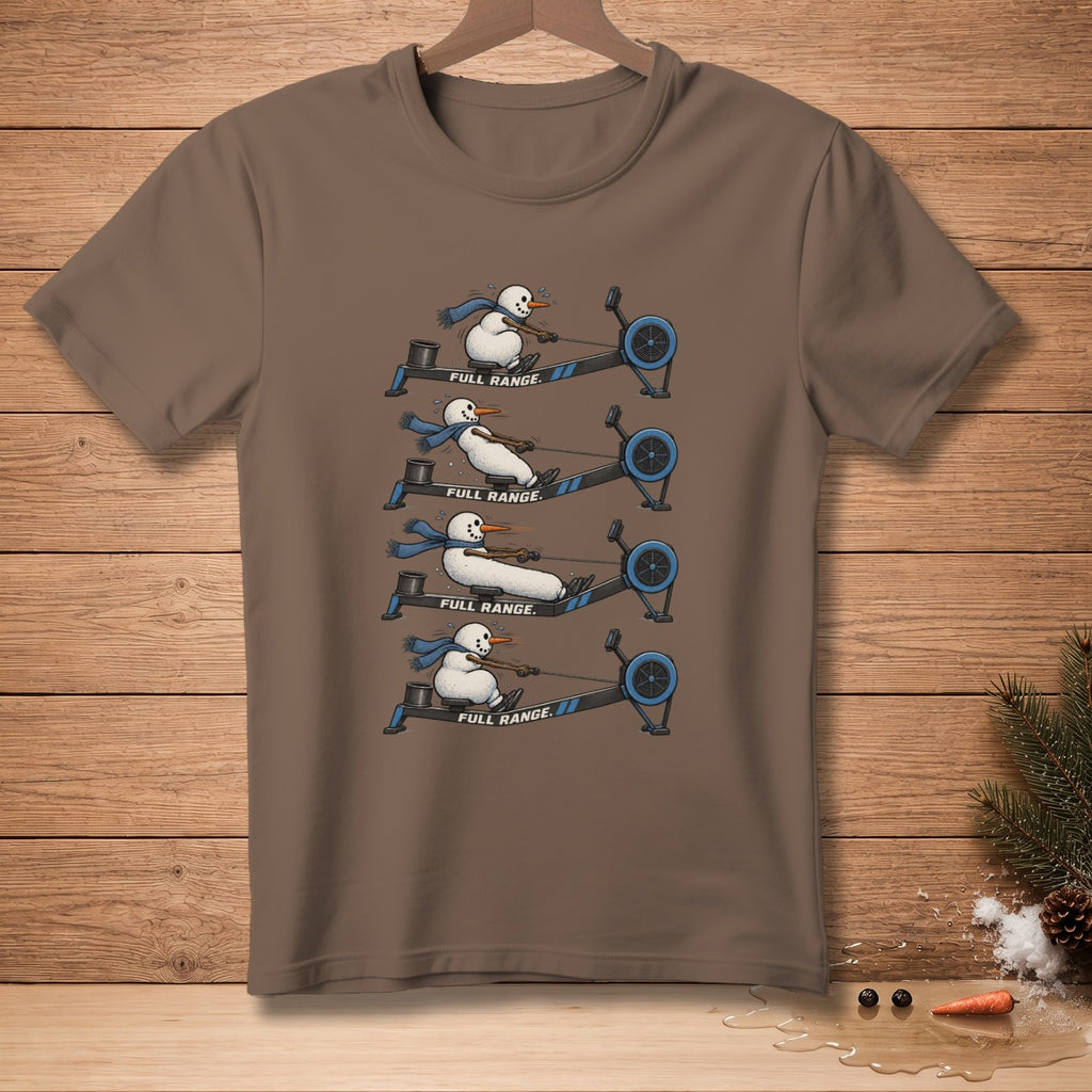 Snowmen on rowing machines showing progressive stretching and "FULL RANGE" text.