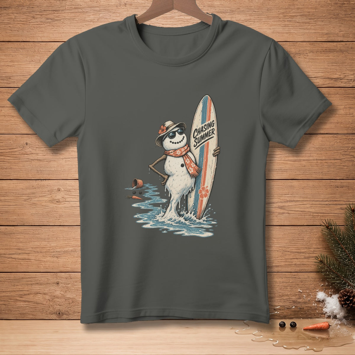Melting snowman wearing a hat and scarf holds a surfboard with "CHASING SUMMER" text.