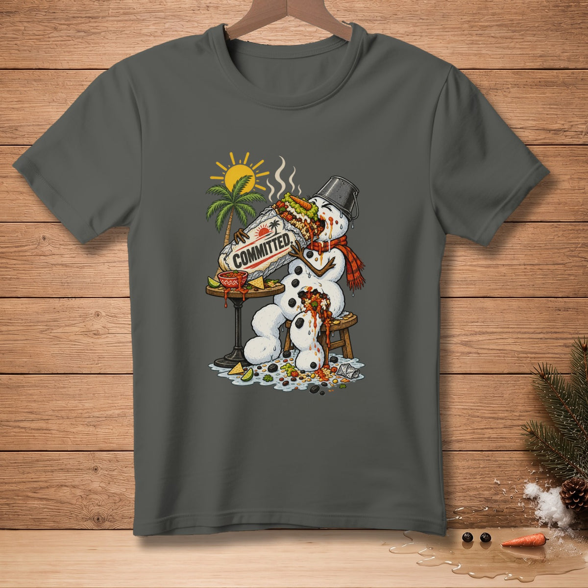 Melting snowman eating burrito with "COMMITTED" text on palm tree background.
