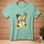 Melting snowman in top hat eating pineapple slice on light blue t-shirt.