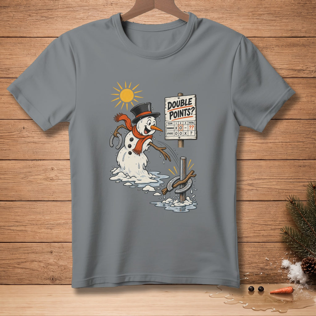 Snowman playing horseshoes with a scoreboard reading "Double Points?".