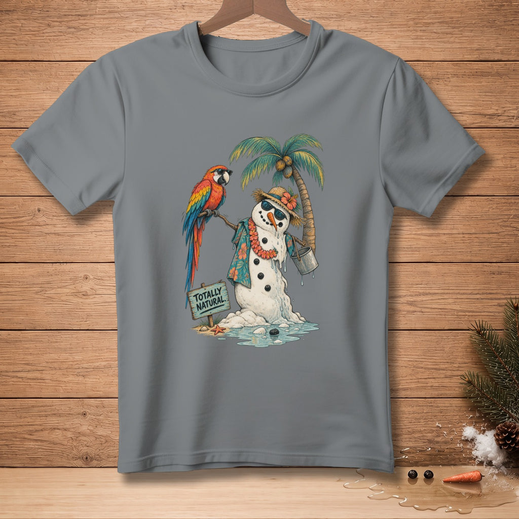Melting snowman with parrot on beach, wearing sunglasses and Hawaiian shirt, sign reads "TOTALLY NATURAL".