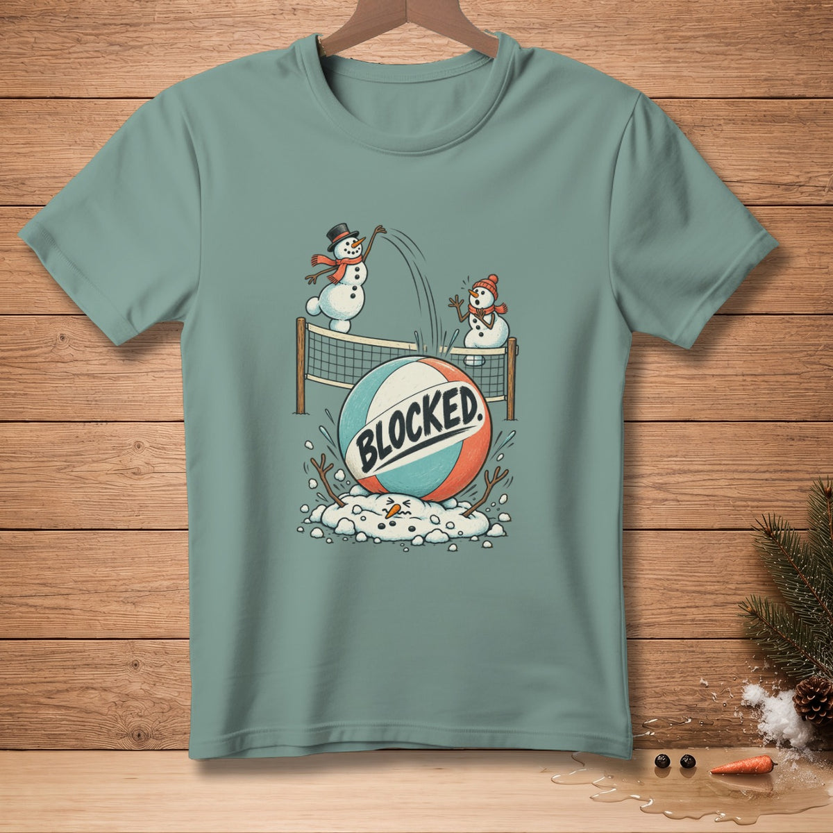 Snowmen playing volleyball, with a volleyball labeled "BLOCKED".