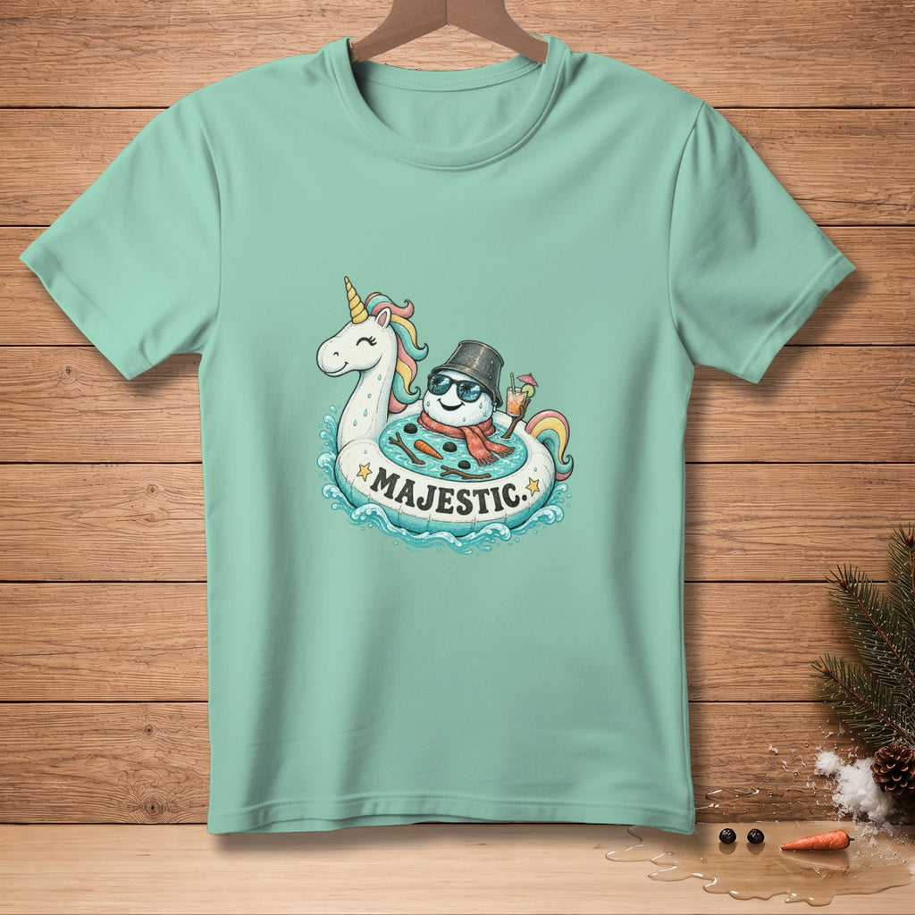 Unicorn and snowman in a pool float with "MAJESTIC" text.