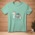 Unicorn and snowman in a pool float with "MAJESTIC" text.