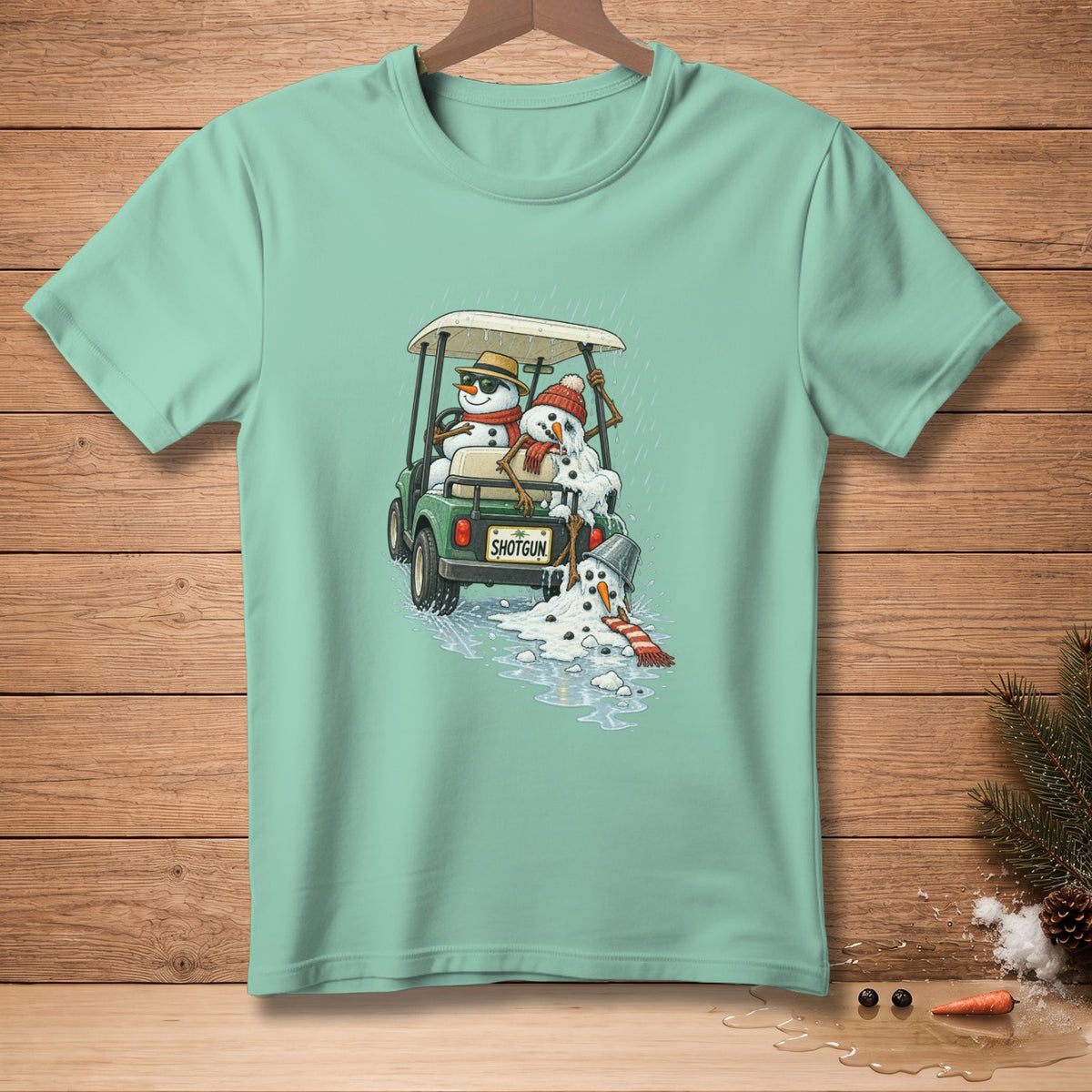 Snowmen in a golf cart with melting snow and a license plate that says "SHOTGUN".