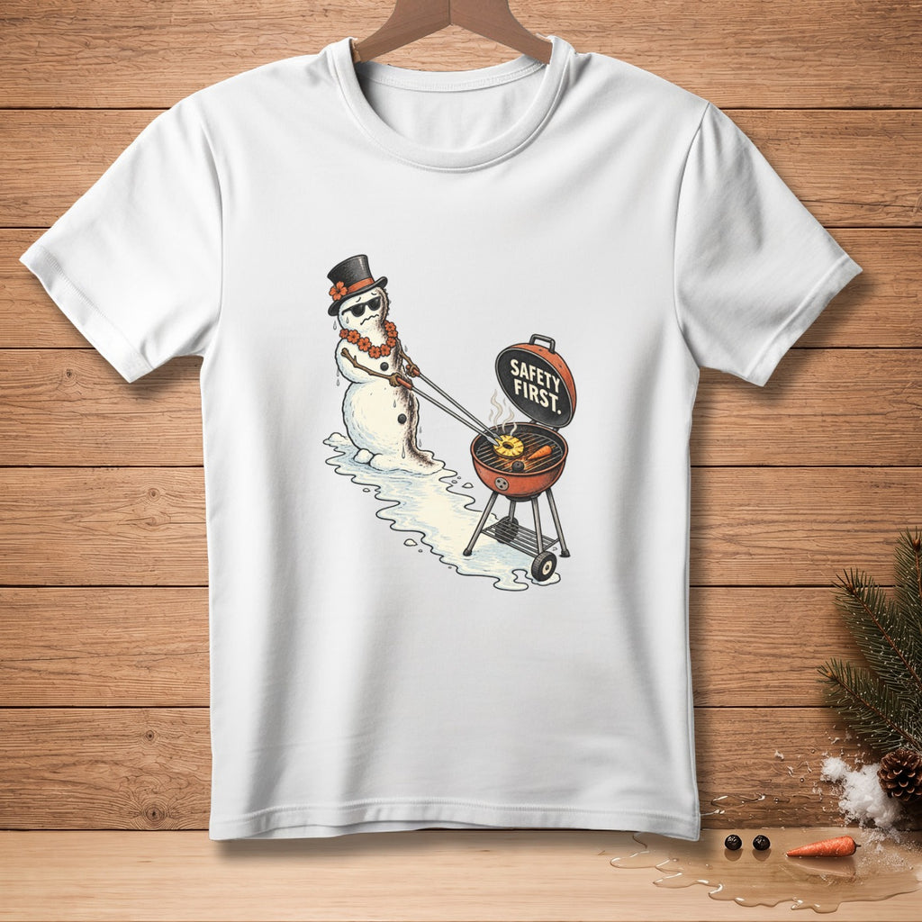 Snowman in top hat grilling with text "Safety First" on lid.