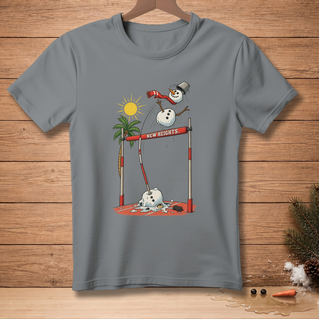 Melting snowmen jumping over a hurdle with text "NEW HEIGHTS".
