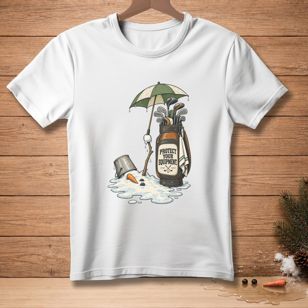 T-shirt graphic with melting snowman, golf bag, and "PROTECT YOUR EQUIPMENT" text.