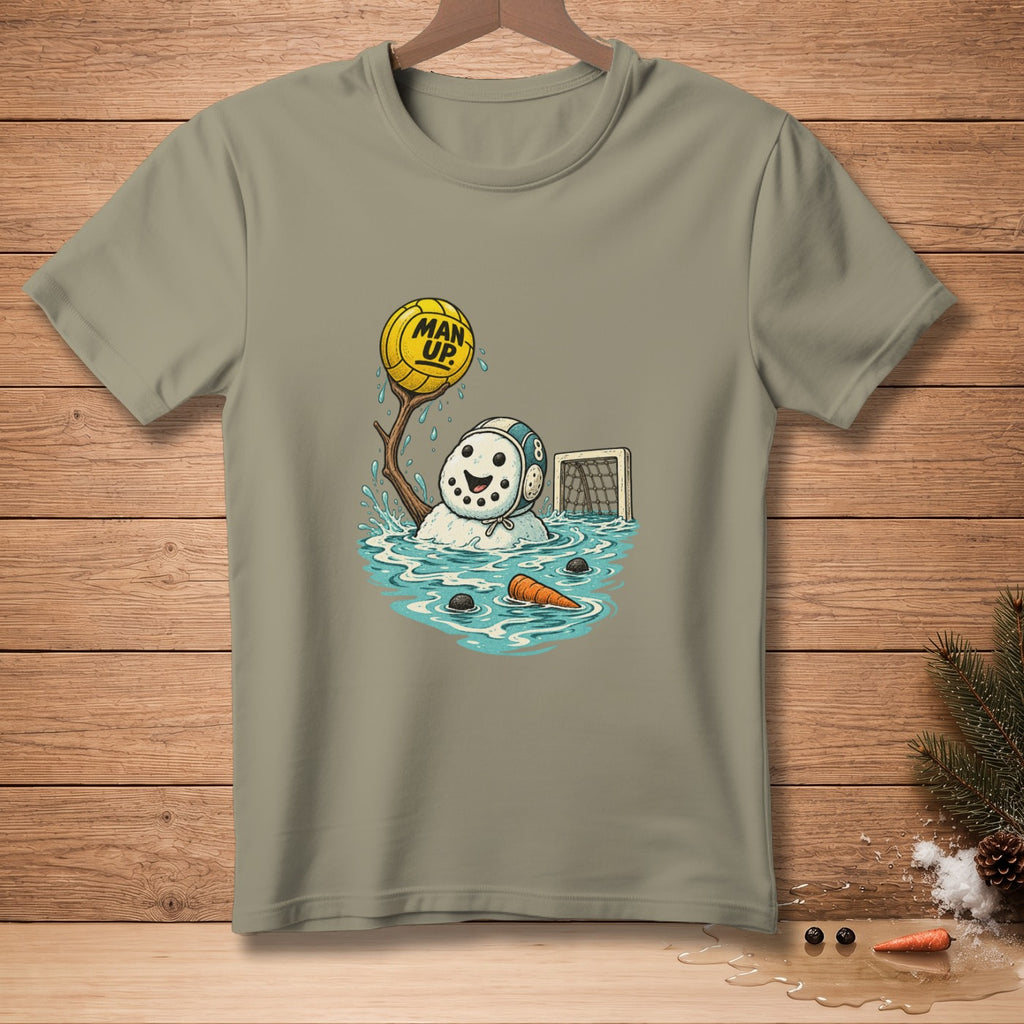 Snowman in water holding "MAN UP." ball with hockey mask and goal.