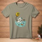 Snowman in water holding "MAN UP." ball with hockey mask and goal.