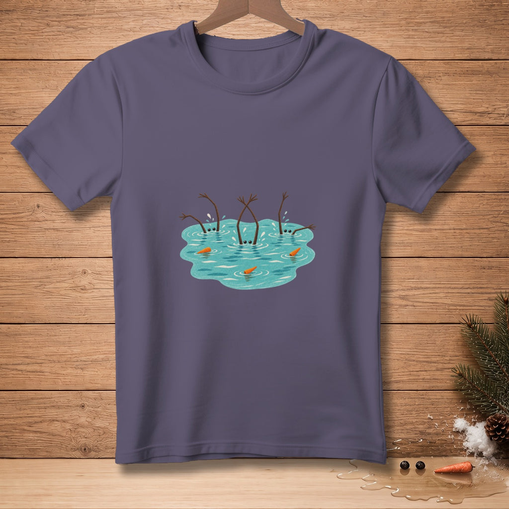 T-shirt with cartoon snowman arms and carrot noses sticking out of water.