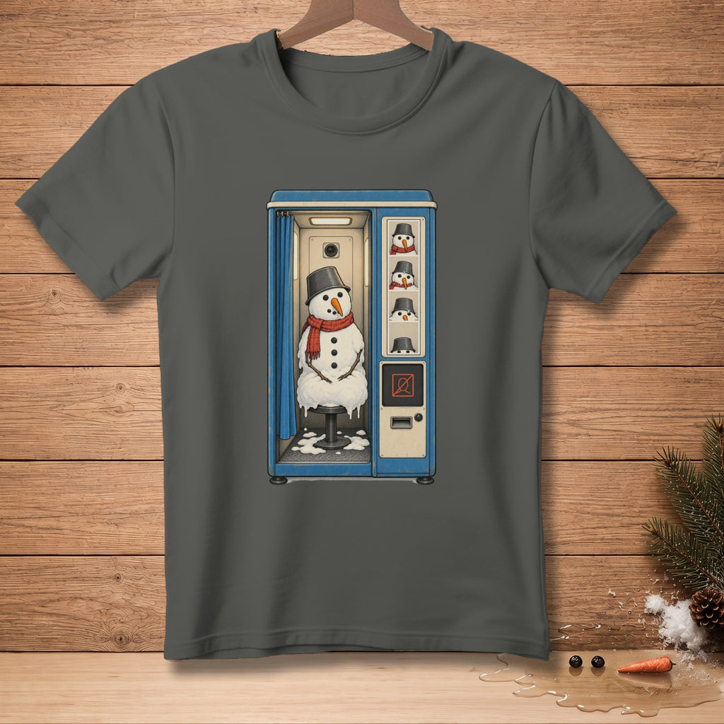 Snowman melting in a photo booth with smaller snowmen in the background.