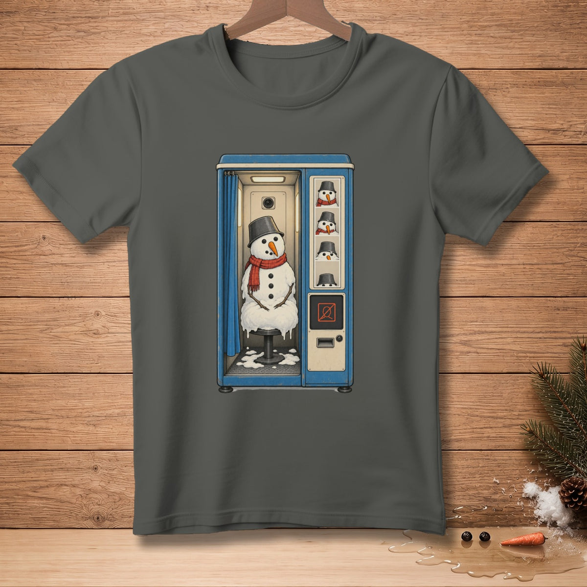 Snowman melting in a photo booth with smaller snowmen in the background.