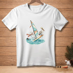 Snowman windsurfing with pelican on a surf board in the ocean.