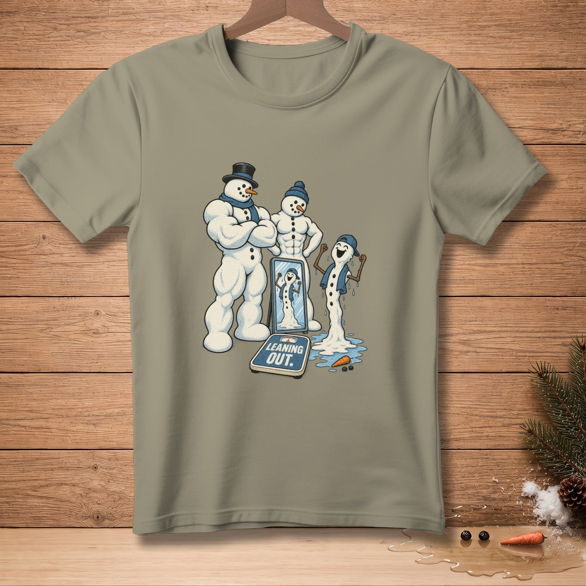 Cartoon snowmen with muscular torsos are reflected in a mirror on a scale that reads "LEANING OUT."