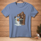 Bigfoot pouring ice into a melting snowman's drink with a carrot nose.