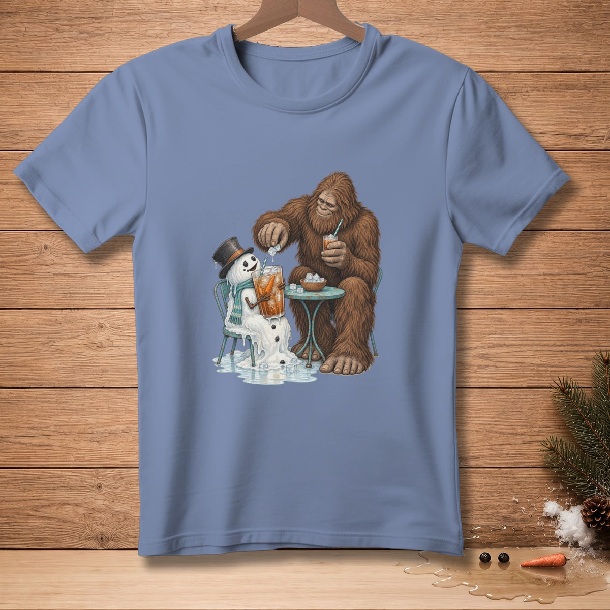 Bigfoot pouring ice into a melting snowman's drink with a carrot nose.