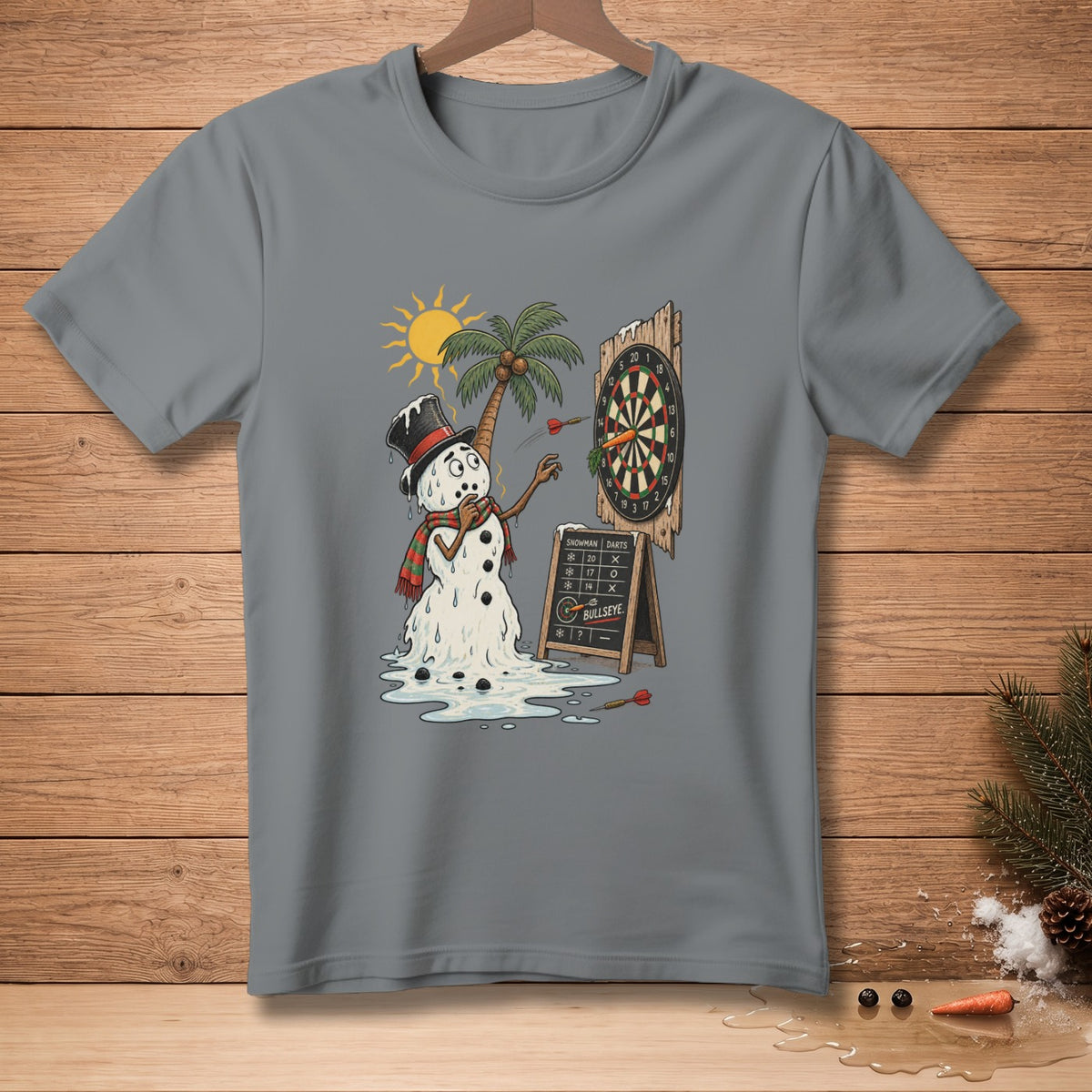 Melting snowman playing darts under a palm tree and sun, dartboard with score.