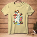 Snowman making a smoothie with strawberries and limes in a blender, text "FRESH INGREDIENTS".